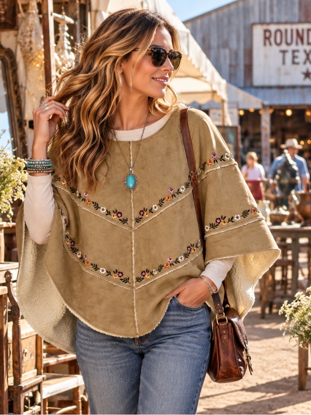 Vintage 2004 Gymboree Rocky Mountain Tan Faux Suede Embroidered Poncho L/XL